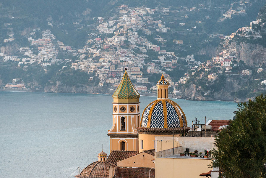 Church on water in Positano on amalfi coast italy