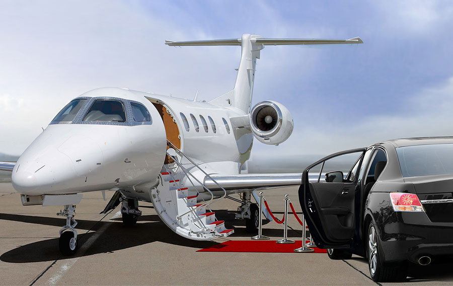 Private Jet And Black Car with Red Carpet to plane