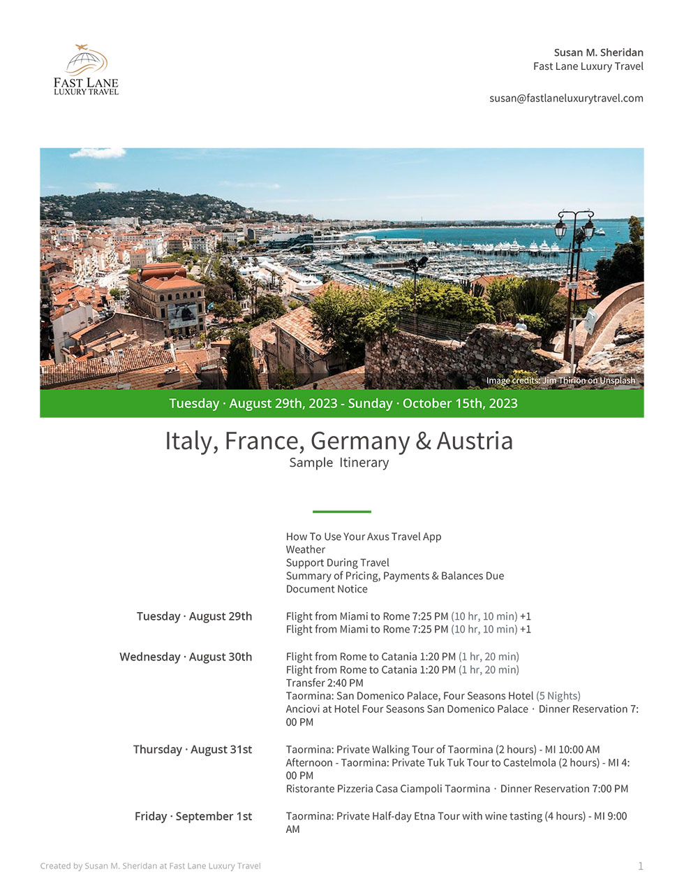 Sample itinerary with Italy, France, Germany, Austria