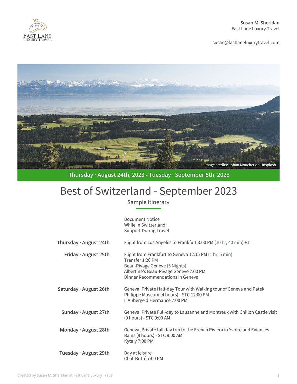 Sample Itinerary for switzerland